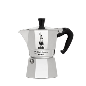 Bialetti Moka Express stovetop espresso maker with a silver aluminum body and black handle.