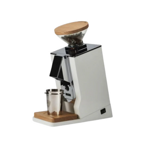 Eureka Oro Mignon coffee grinder with wooden top and white base