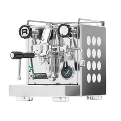 Espresso machine with a clear front panel on a white background
