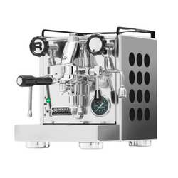Espresso machine with a clear front panel (left profile view)