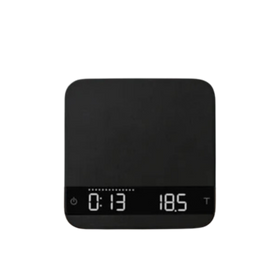 A black Acaia Scale Lunar displaying the weight in grams