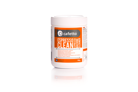 A container of Cafetto Espresso Machine Cleaner, which is a powder used for cleaning espresso machines.
