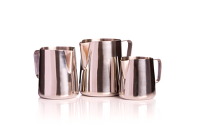 A set of four stainless steel milk jugs of varying sizes with a reflective metallic finish.