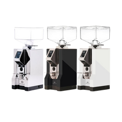Eureka Mignon Specialita coffee grinder with a white body and black accents, featuring a digital touch-screen interface and a transparent grinding chamber.