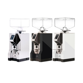 Eureka Mignon Specialita coffee grinder with a white body and black accents, featuring a digital touch-screen interface and a transparent grinding chamber.