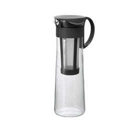 A tall, slender, clear Japanese Mizudashi cold brew coffee maker with a black lid and handle, designed to make cold brew coffee.