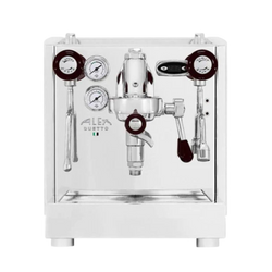 A white Izzo Alex Duetto IV Plus Inox espresso machine with stainless steel boilers and a water tank, featuring various control knobs and a digital display.