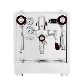 A white Izzo Alex Duetto IV Plus Inox espresso machine with stainless steel boilers and a water tank, featuring various control knobs and a digital display.
