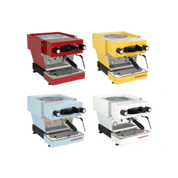 La Marzocco Linea Mini espresso machines, in red, yellow, white, and pastel blue.