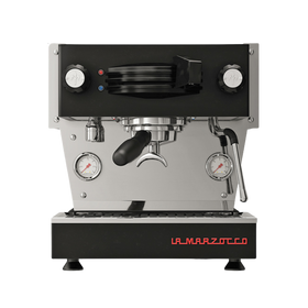Black La Marzocco Linea Mini espresso machine front profile