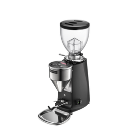 A Mazzer Mini Electronic A coffee grinder with a portafilter attached, featuring a black body with silver accents and a digital display.