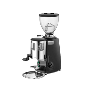 A black Mazzer Mini Manual coffee grinder with a clear bottom section, flat burrs, and a small motor.