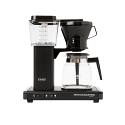 A black Moccamaster Classic 1.25L coffee machine with a glass pot, copper boiler, and a black coffee filter.