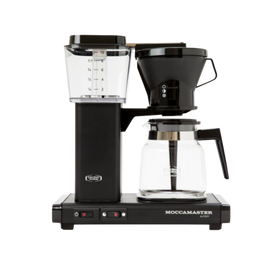 A black Moccamaster Classic 1.25L coffee machine with a glass pot, copper boiler, and a black coffee filter.