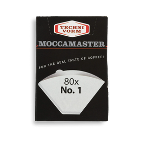 Packaging for Moccamaster No.1 filter papers with the Techini Vorm brand logo and the text '80x' prominently displayed.