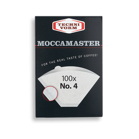 A pack of Moccamaster filter papers, labeled as size 4 and containing 100 pieces, against a white background.