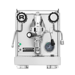 A silver Rocket Espresso Appartamento espresso machine with polished stainless steel panels and a digital display.
