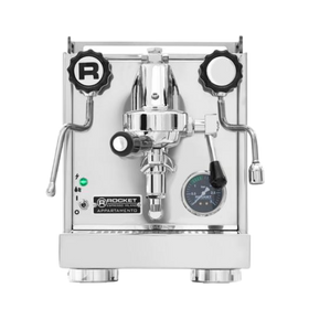 A silver Rocket Espresso Appartamento espresso machine with polished stainless steel panels and a digital display.