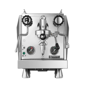 A silver Rocket Espresso Giotto Cronometro R espresso machine with a visible grouphead, temperature gauges, and adjustment knobs.
