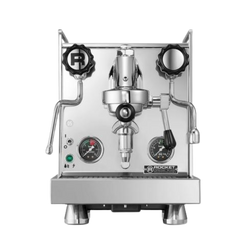 A silver Rocket Espresso Mozzafiato Cronometro R espresso machine with a visible grouphead, temperature gauges, and a rotary pump.