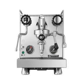 A silver Rocket Espresso Mozzafiato Cronometro R espresso machine with a visible grouphead, temperature gauges, and a rotary pump.