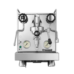 A silver Rocket Espresso Mozzafiato Cronometro V espresso machine with a visible steam wand, pressure gauges, and a portafilter attachment.