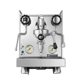A silver Rocket Espresso Mozzafiato Cronometro V espresso machine with a visible steam wand, pressure gauges, and a portafilter attachment.